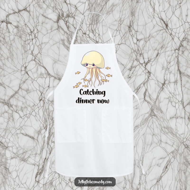 Funny Jellyfish Apron: A comical jellyfish in a fish chase adds humor to this durable and fun kitchen apron.