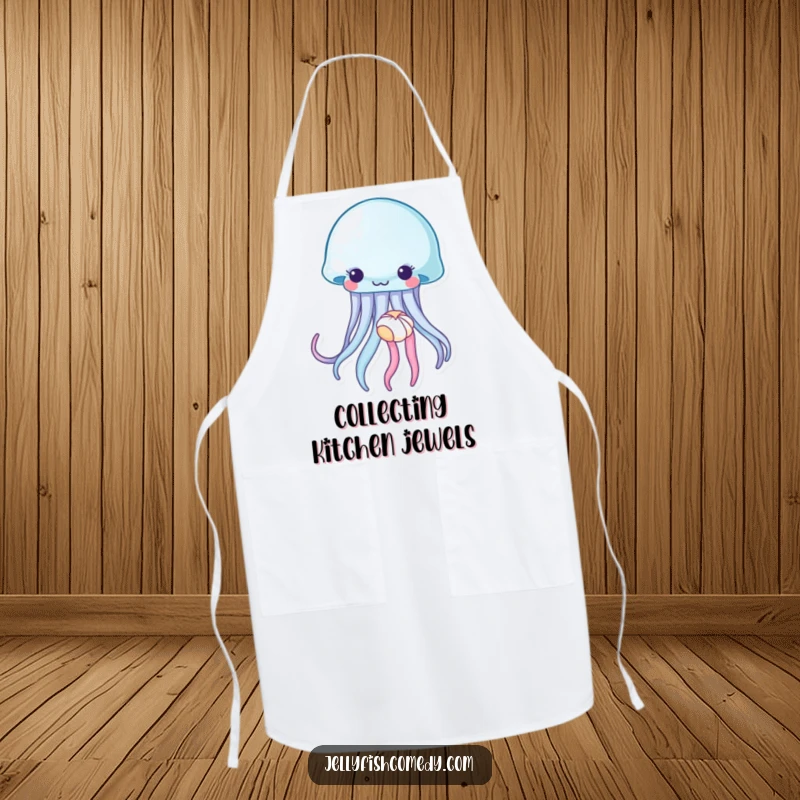 Funny jellyfish apron, a sea creature gently holding a tiny seashell, adding a touch of coastal calm to kitchen tasks.