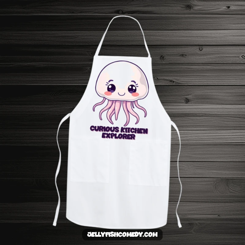 Funny joyful jellyfish apron featuring a curious sea creature with wide eyes, perfect for cooking enthusiasts.