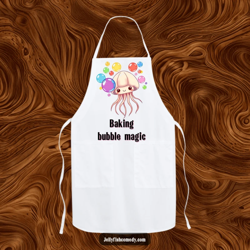 Funny Apron featuring a jellyfish blowing colorful bubbles. This apron brings whimsical fun to the kitchen.