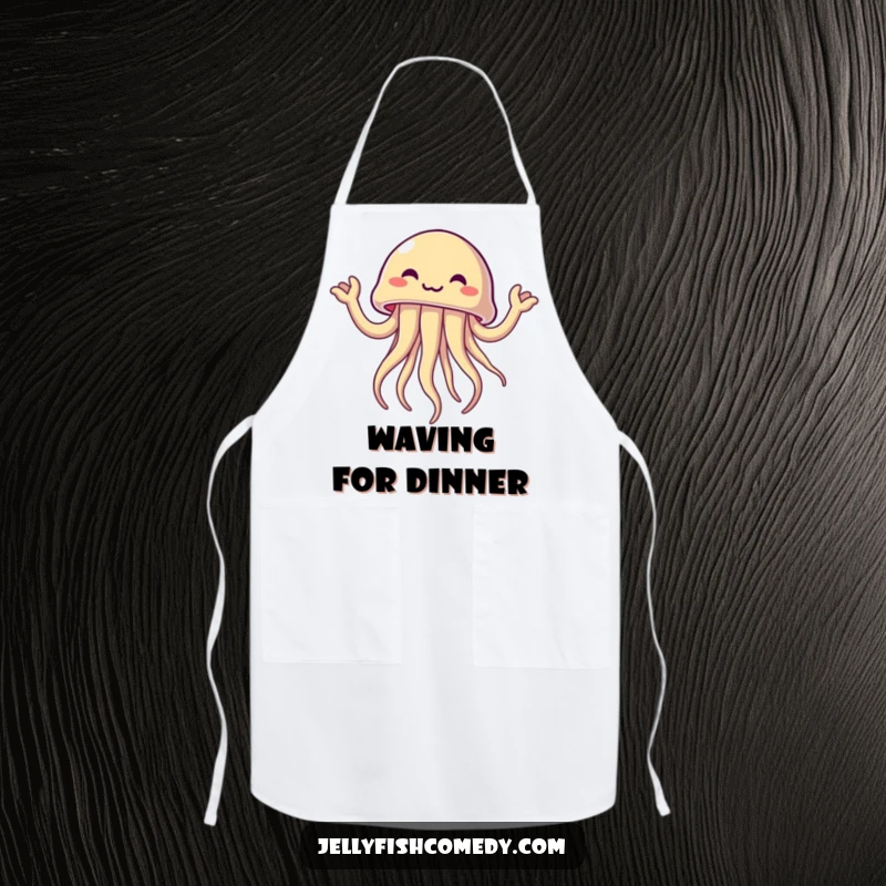 Funny jellyfish joyfully waving tentacle arms, a humorous and practical apron for cooking with enthusiasm.