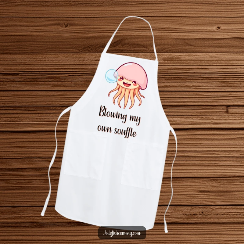Funny grinning jellyfish apron shows a happy jellyfish blowing a bubble, adding charming ocean humor to kitchen tasks.