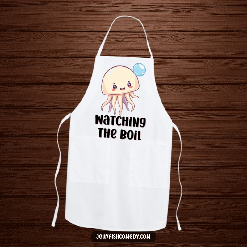 Funny Apron: A whimsical jellyfish with multiple smiling eyes energetically bounces a glistening bubble, ideal for culinary fun.