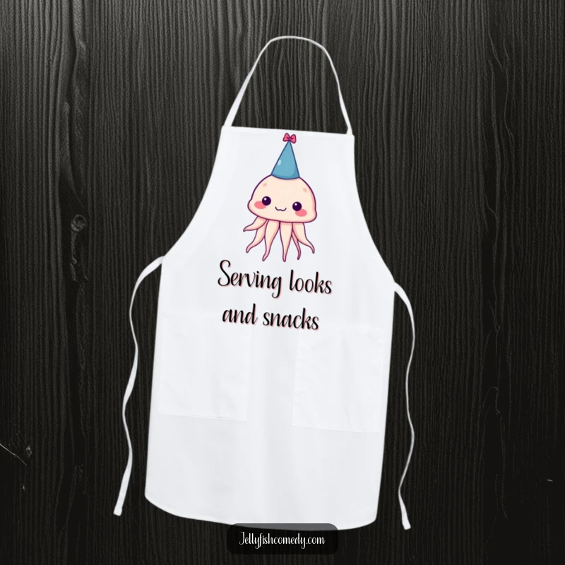 Funny apron featuring a silly jellyfish in a tiny party hat, ready to help whip up some delicious fun in the kitchen.