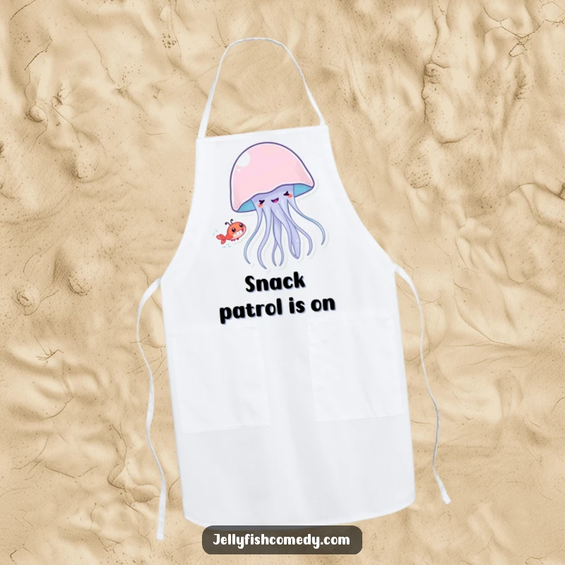 Funny grinning jellyfish playfully chasing a shrimp, perfect for a humorous kitchen apron for chefs and home cooks.