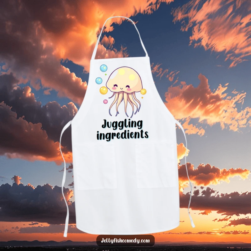 Funny apron with a delightful jellyfish juggling glowing orbs, perfect for a magical cooking experience.