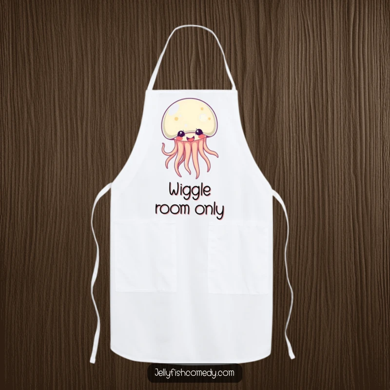 Funny Kawaii jellyfish apron showing a happy, giggling creature preparing food with its wiggling tentacles. A humorous kitchen accessory.