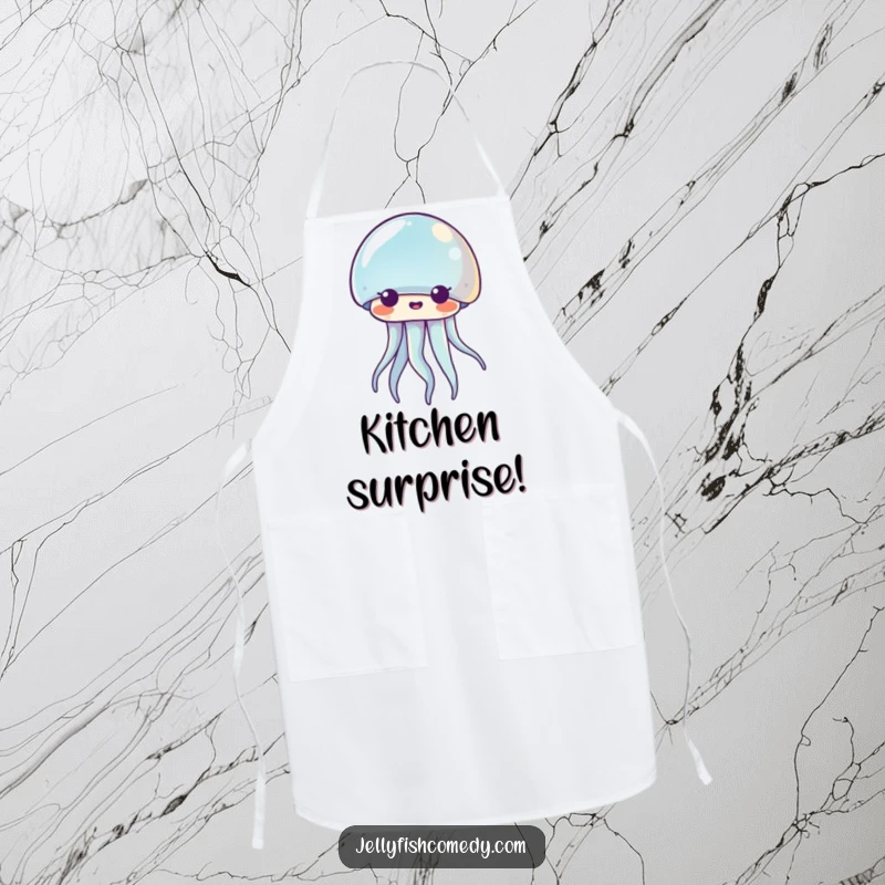 Funny Kawaii jellyfish apron showing a surprised creature, perhaps reacting to a culinary outcome. Humorous kitchen wear.