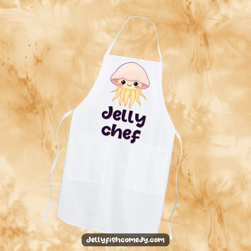 Funny kawaii jellyfish apron featuring a happy, gently pulsing sea creature, perfect for adding whimsy to kitchen tasks.