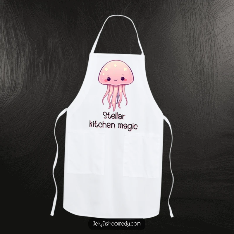 Funny kawaii jellyfish with starry patterns on a kitchen apron, suitable for humorous cooking and serving.
