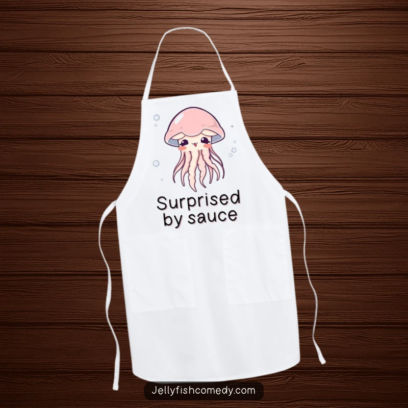 Funny surprised jellyfish apron shows a blushing jellyfish caught in a current, adding charming ocean humor to kitchen tasks.