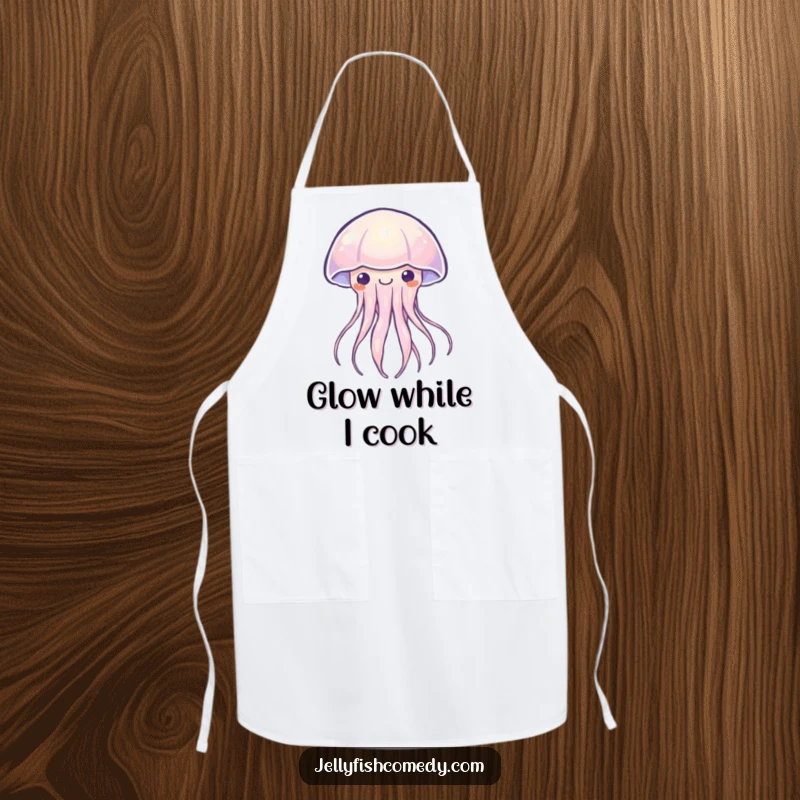 Funny Kawaii jellyfish apron showing a creature emitting a soft, happy light while cooking. Humorous kitchen wear.
