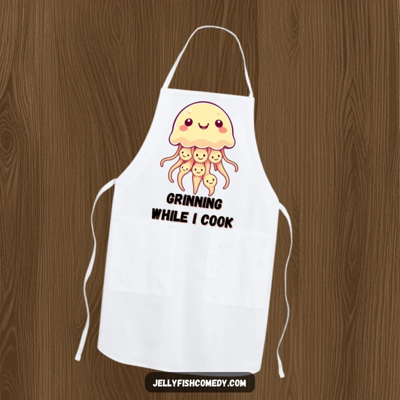 Funny Kawaii Jellyfish Apron showcasing a jellyfish with multiple smiley faces on its bell, ideal for kitchen activities.