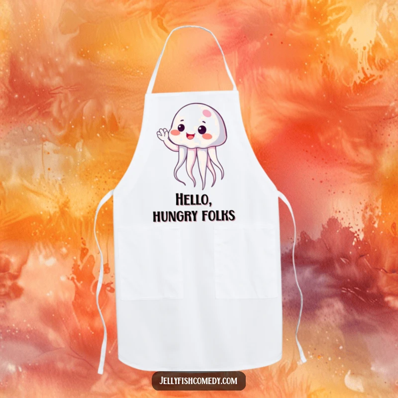 Funny cheerful jellyfish giving a gentle wave, a humorous kitchen apron for cooks who love to spread joy.