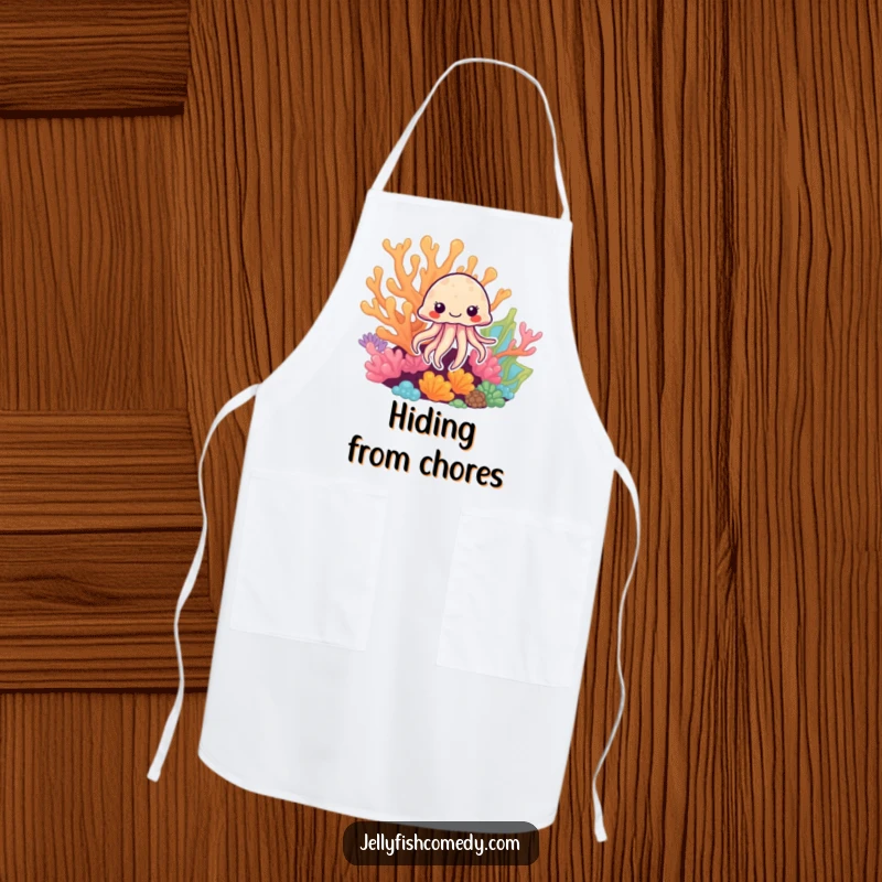 Funny Jellyfish Apron: A cute jellyfish peeks from behind coral, adding a funny and charming touch to kitchen wear.