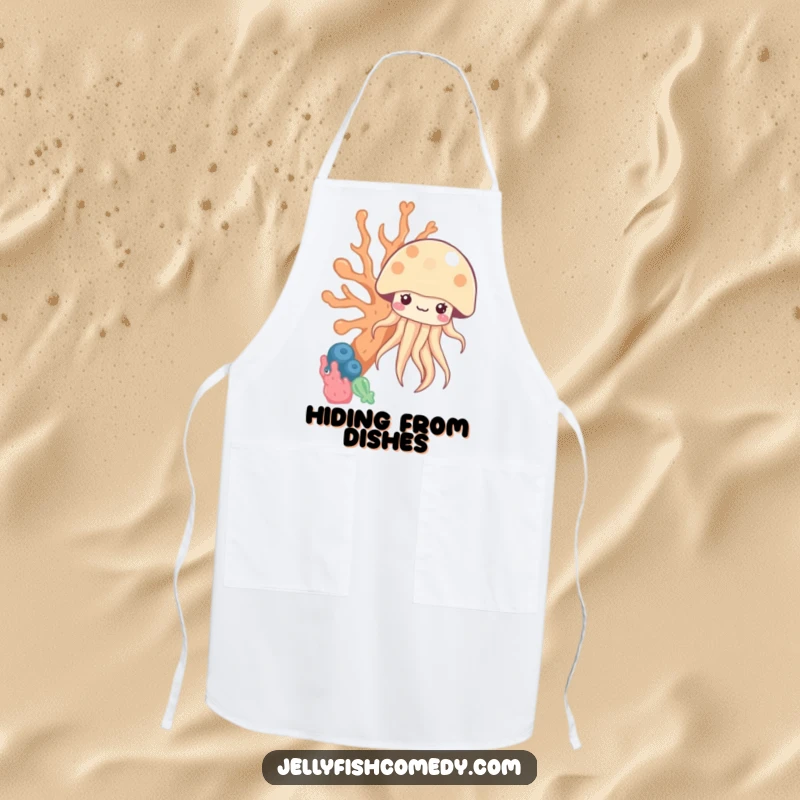 Funny kawaii jellyfish peeking from behind coral on a kitchen apron, suitable for humorous cooking and serving.