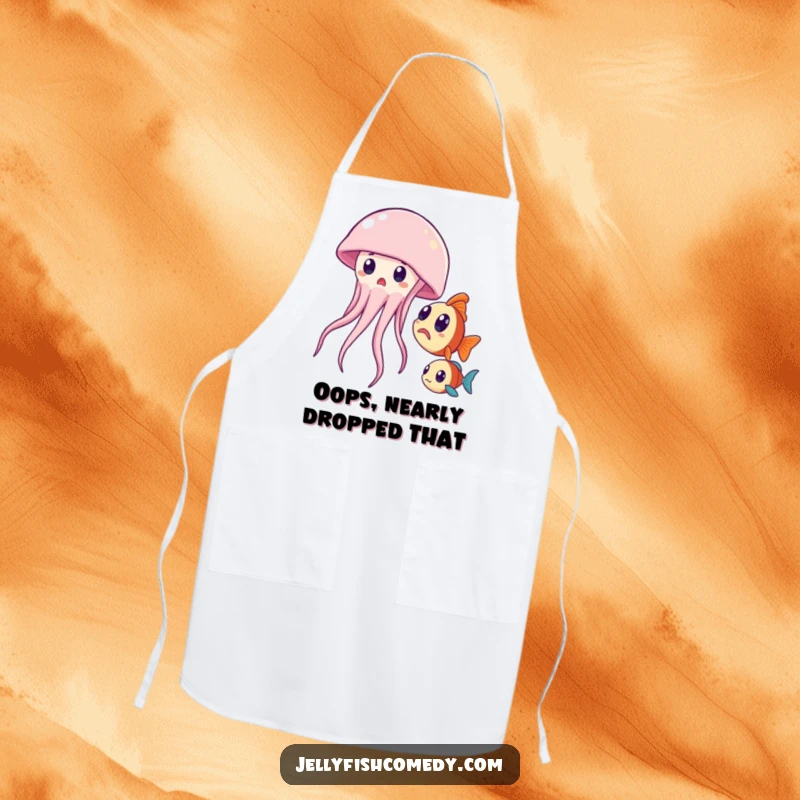 Funny apron showing a surprised jellyfish and a curious fish, perfect for a humorous cooking experience.