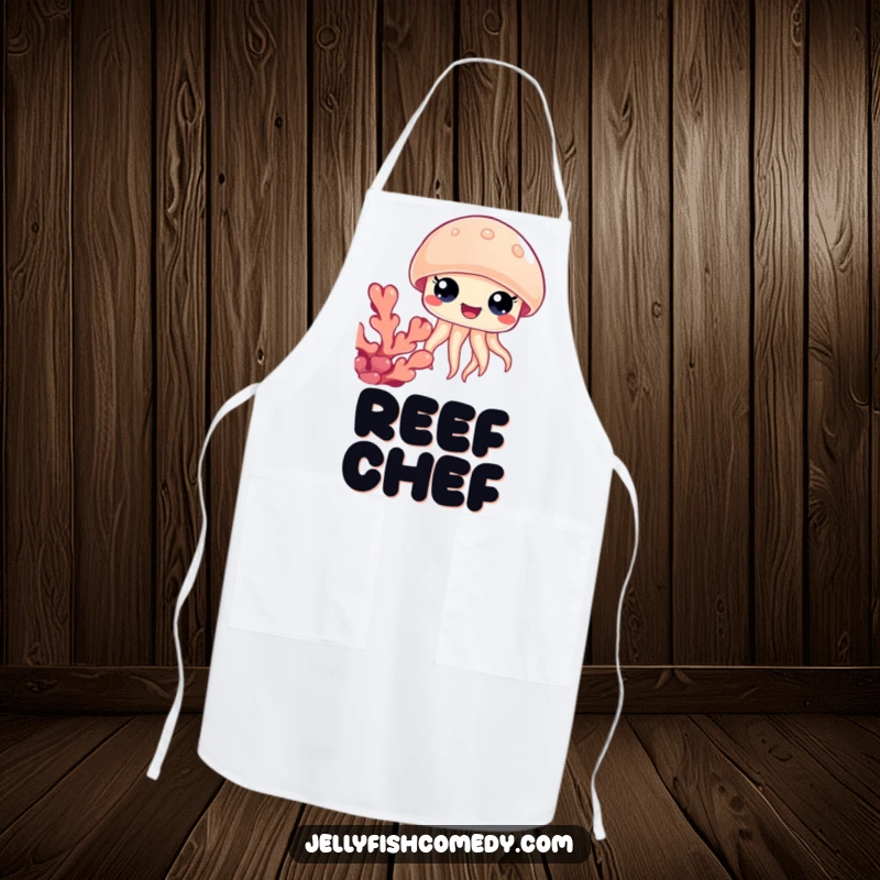 Funny jellyfish coral apron, wide happy eyes peeking from behind coral, bringing cartoon underwater charm to cooking.
