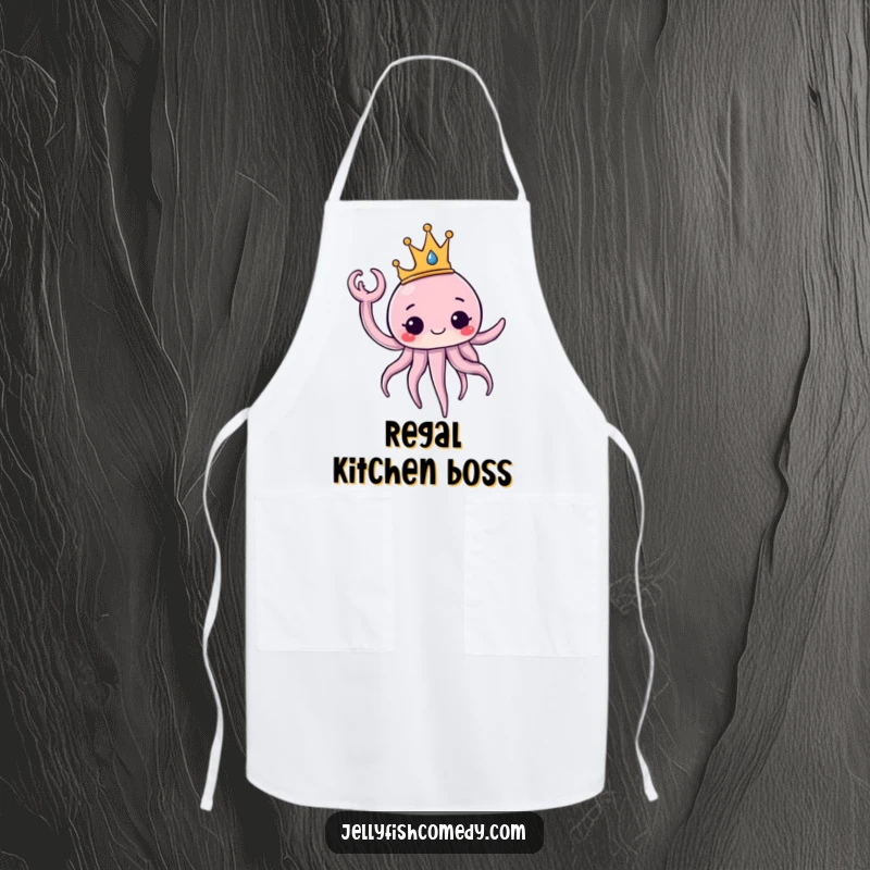 Funny Apron featuring a jellyfish wearing a crown and waving regally. This apron brings majestic fun to cooking.