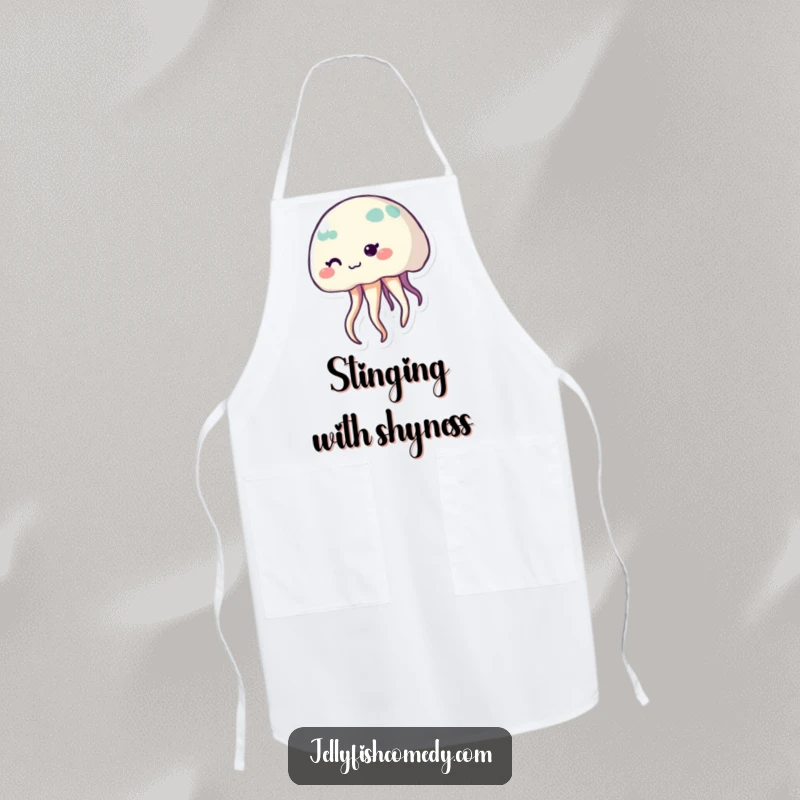 Funny shy jellyfish apron featuring a cute, smiling sea creature with waving tentacles, perfect for kitchen fun.