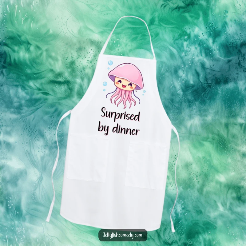 Funny surprised jellyfish apron, featuring a sea creature with a happy, surprised expression, caught in a current.