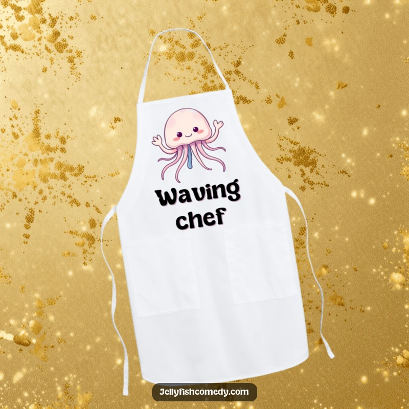 Funny jellyfish apron featuring trailing tentacles cheerfully waving hello, perfect for kitchen tasks with a welcoming touch.