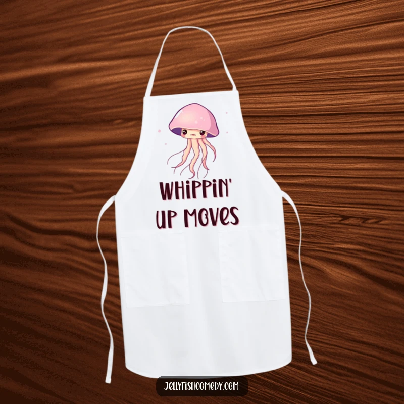Funny Apron featuring a jellyfish gracefully twirling in the water. This apron brings elegant fun to cooking.