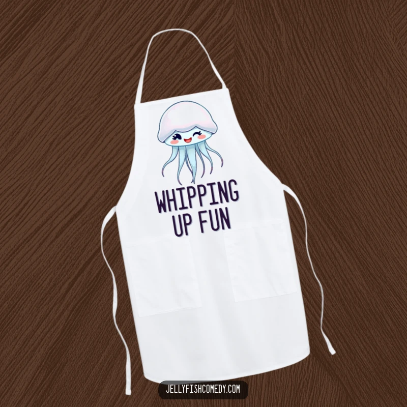 Funny apron with a spinning, winking jellyfish, perfect for adding humor and charm to cooking.