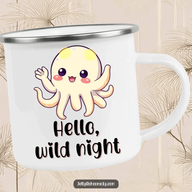 Funny floating creature with glowing tentacles, playfully waving hello, designed for adventure on a sturdy camping mug.
