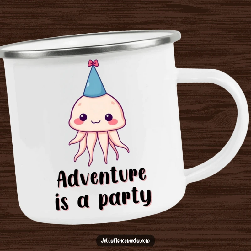 Funny camping mug with a silly jellyfish wearing a tiny party hat, perfect for hot beverages on any adventure.