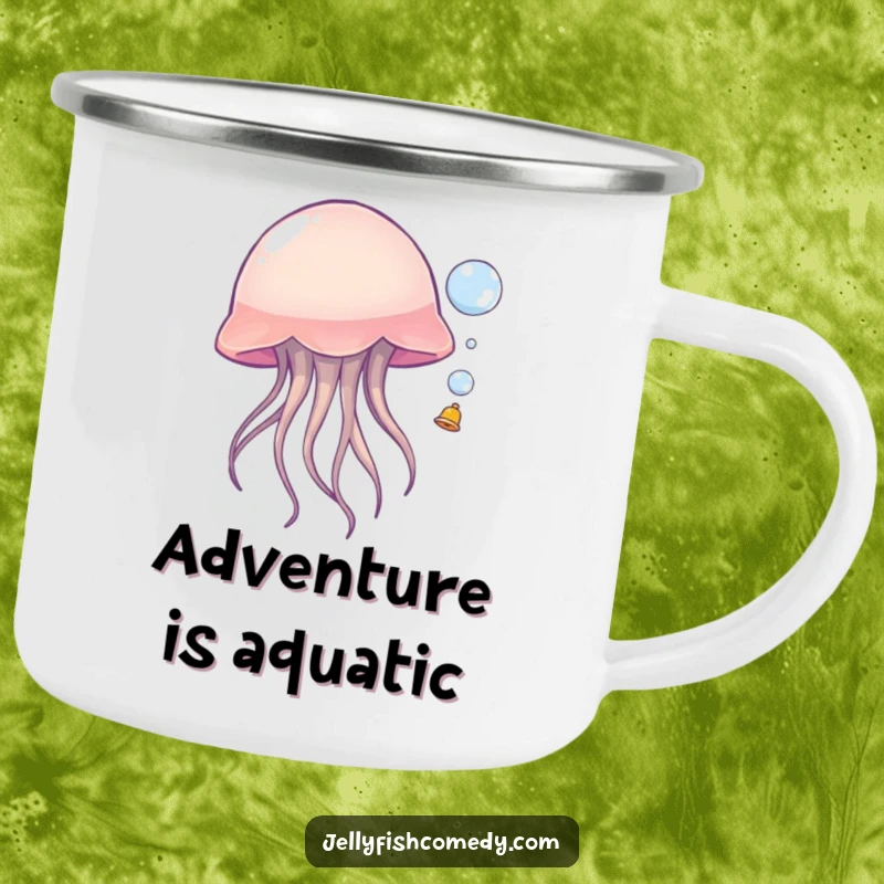Funny jellyfish camping mug, featuring a sea creature playfully bouncing a bubble, perfect for enjoying drinks on the go with humor.