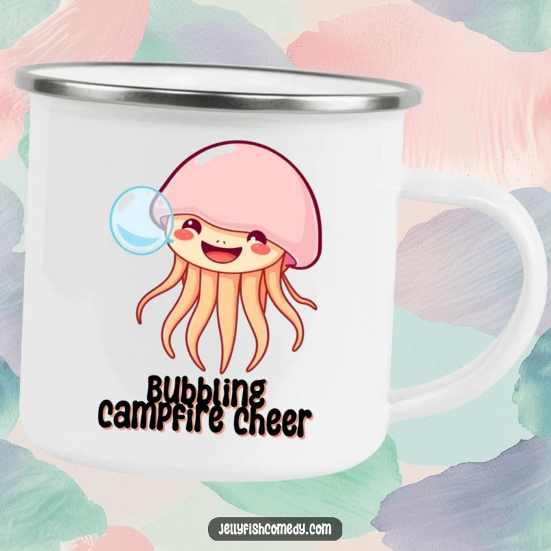 Funny grinning jellyfish camping mug shows a happy jellyfish blowing a bubble, perfect for outdoor drinks with humor.