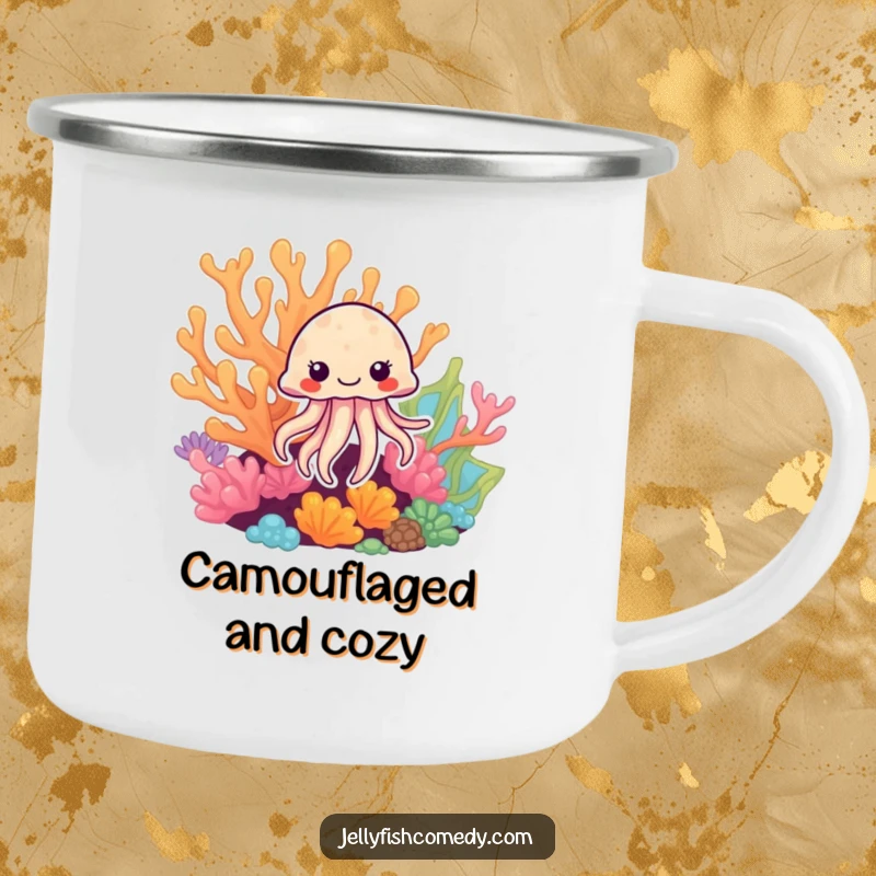 Funny Jellyfish Camping Mug: A sturdy mug with a funny jellyfish peeking from coral, ideal for outdoor enthusiasts.