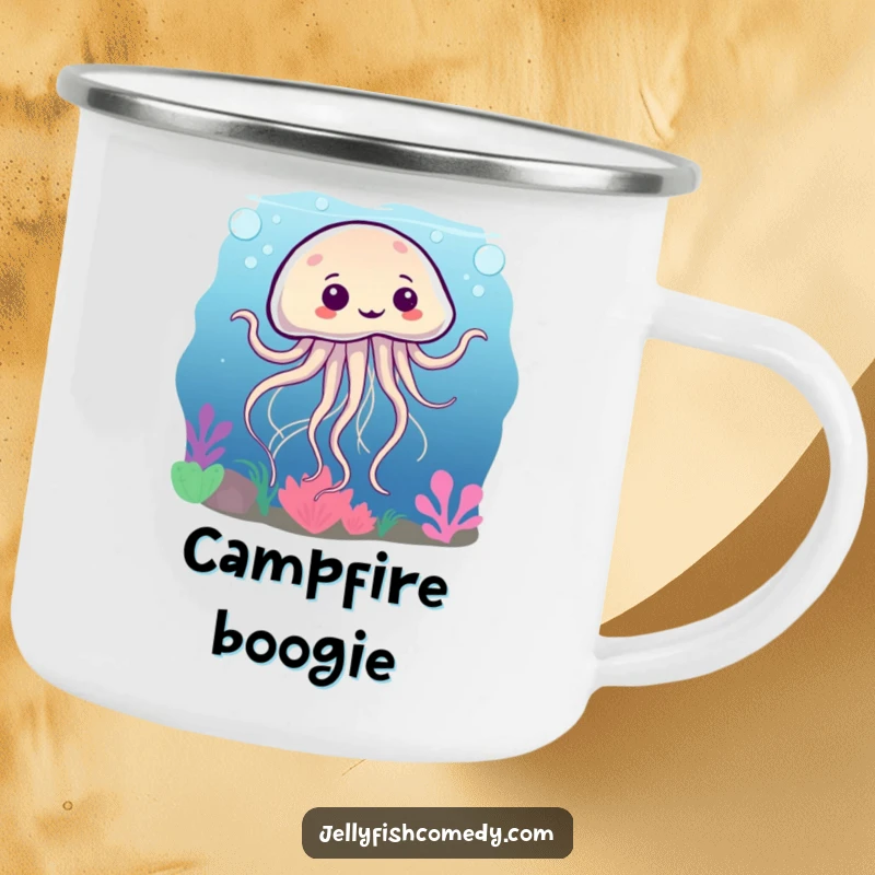Funny camping mug with a silly jellyfish dancing underwater, tentacles swirling, perfect for ocean lovers.