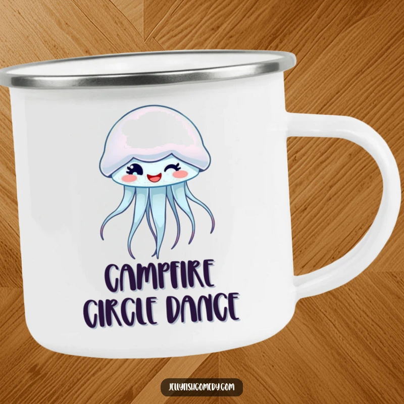 Funny camping mug with a spinning, winking jellyfish, perfect for adding humor to outdoor adventures.