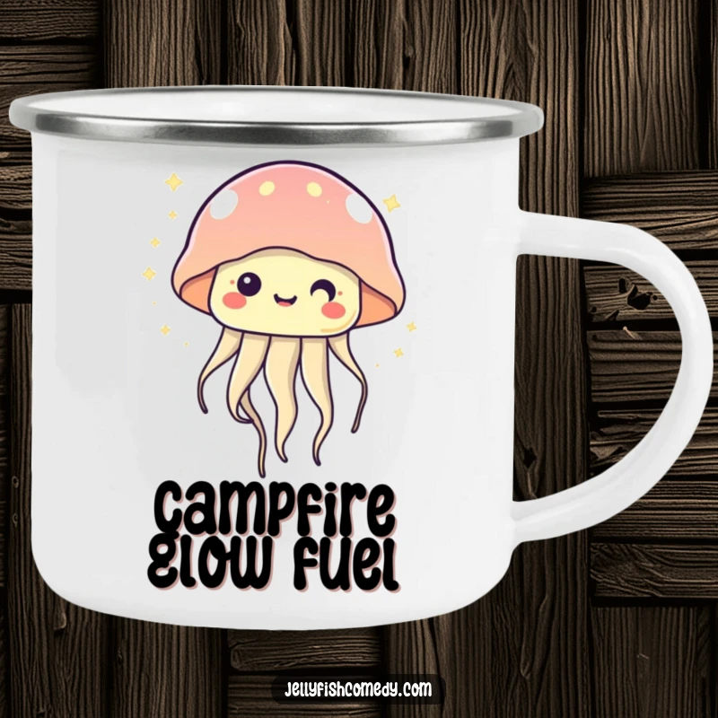 Kawaii jellyfish camping mug showing a cute, twinkling jellyfish floating happily, perfect for enjoying drinks outdoors with a magical flair.