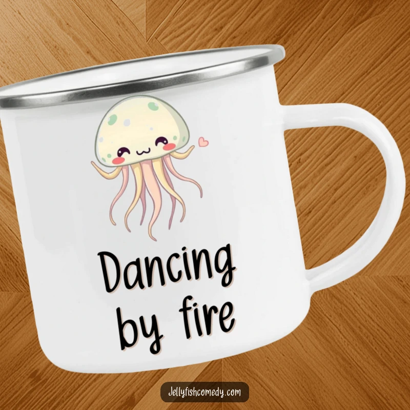 Funny jellyfish camping mug showing a whimsical jellyfish doing a silly dance with its tentacles swaying rhythmically, ready for outdoor fun.
