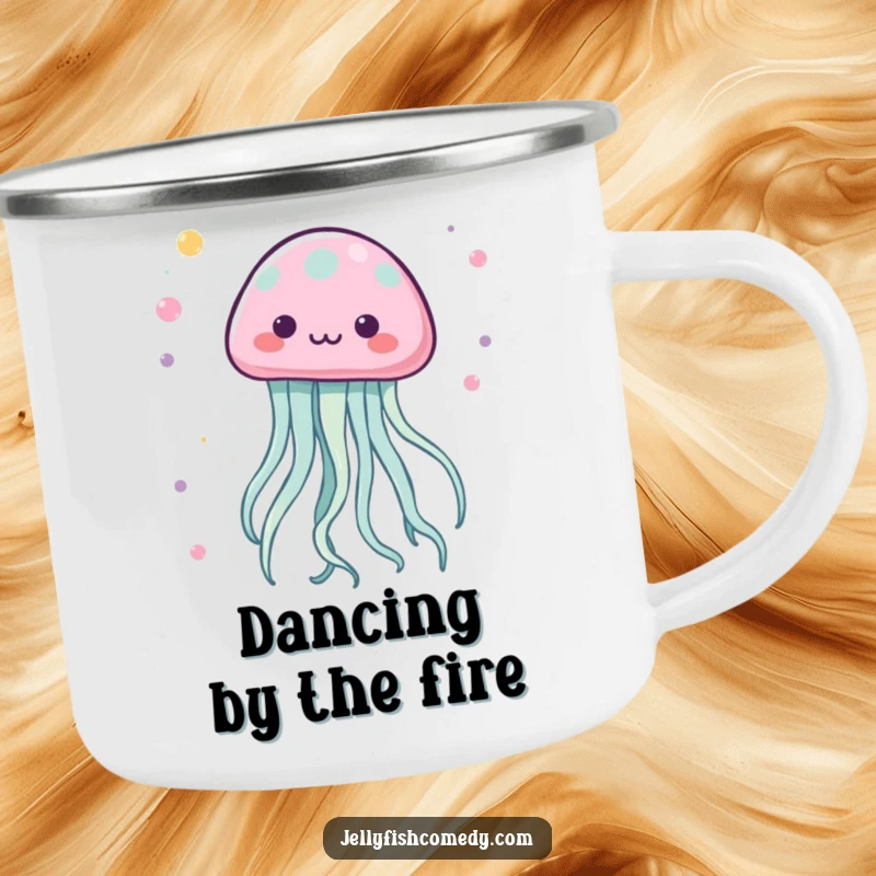 Funny Kawaii Jellyfish Camping Mug with tentacles dancing in a lively pattern, great for outdoor adventures.