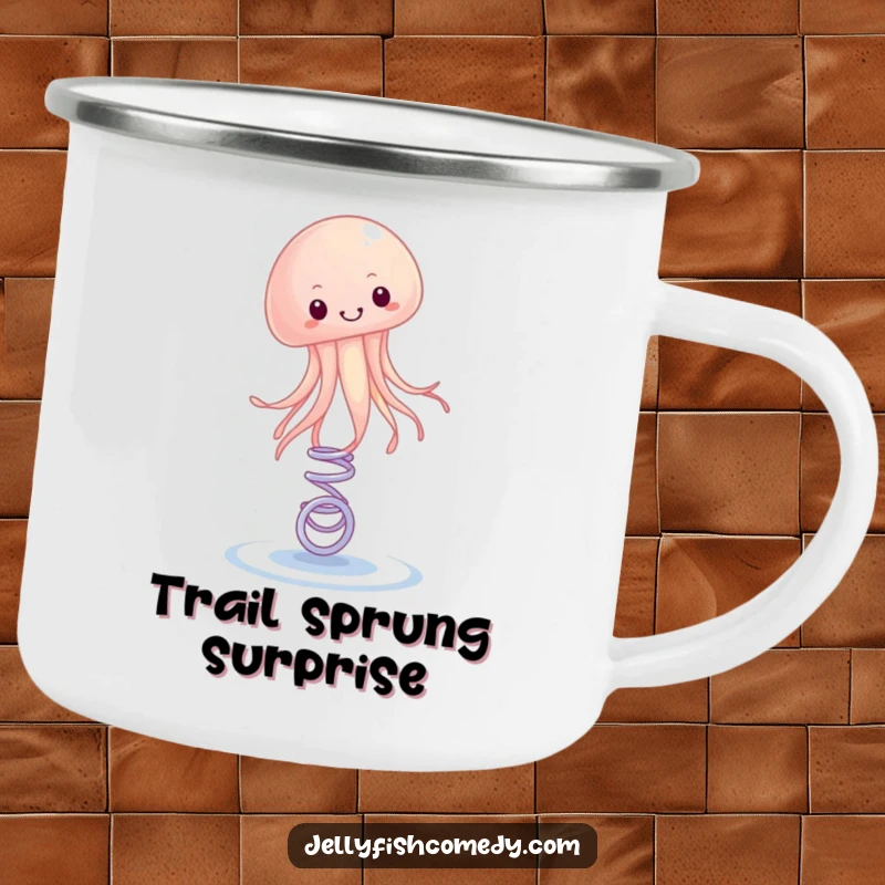 Funny Camping Mug with a happy jellyfish design bouncing on a spring. Perfect for adding energy to outdoor drinks.