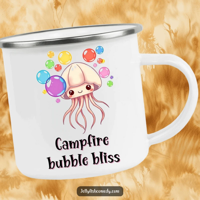 Funny Camping Mug with a jellyfish blowing colorful bubbles design. Perfect for adding whimsical fun to outdoor drinks.