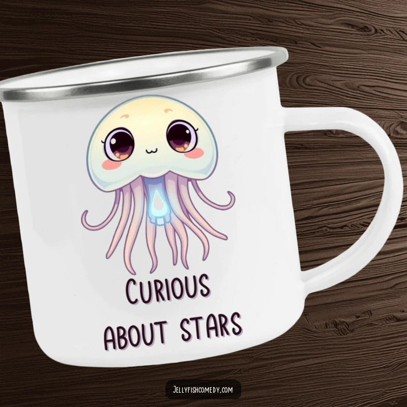 Funny jellyfish with wide, curious eyes peering at a tiny glowing plankton, a humorous and sturdy camping mug.
