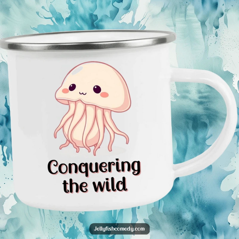 Funny camping mug with a determined jellyfish pushing a giant pearl, symbolizing strength and perseverance on the go.