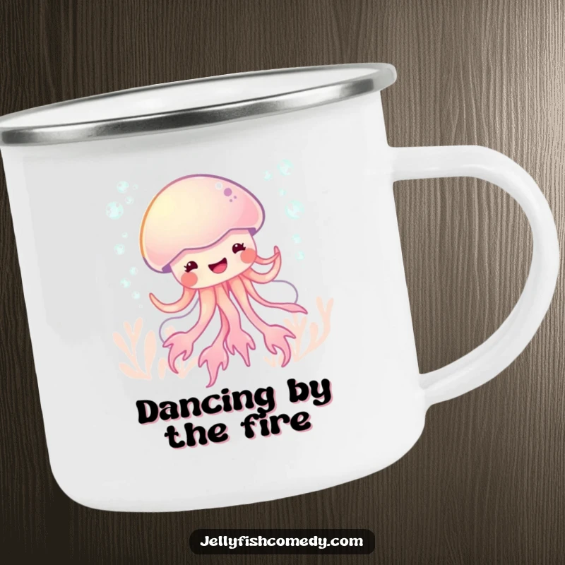 Funny glee jellyfish dance camping mug, a bubbly sea creature dancing with pure excitement.