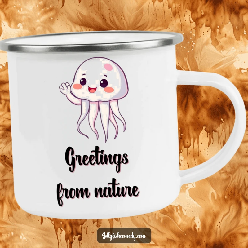 Funny cheerful jellyfish giving a gentle wave, durable camping mug for outdoor trips and humorous greetings.
