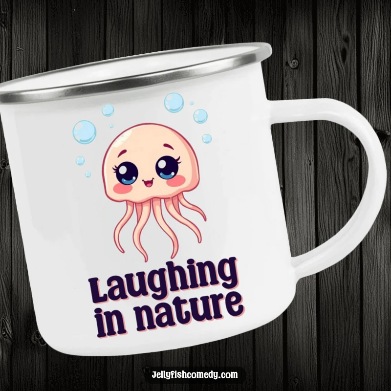 Funny camping mug with a giggling jellyfish and bubbles, bringing cheer to outdoor excursions.