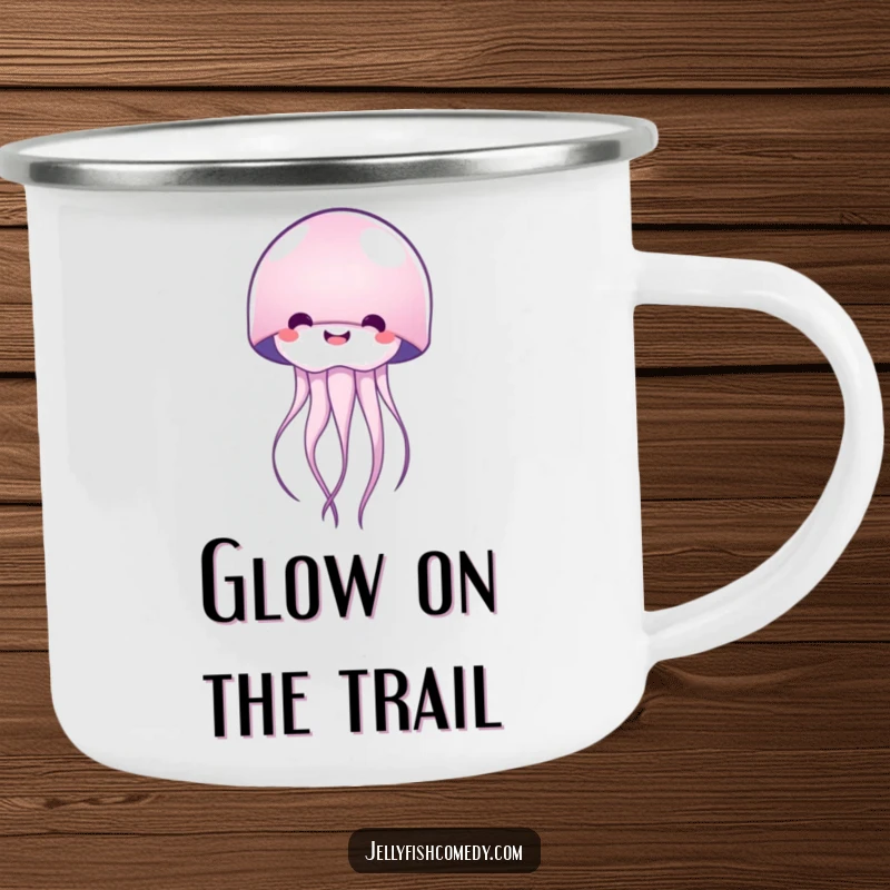 Funny happy jellyfish camping mug, perfect for outdoor adventures, radiating cheerfulness by the campfire, a durable and happy gift.