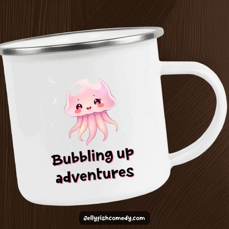 Funny transparent jellyfish floating happily amidst shimmering bubbles, a humorous and sturdy camping mug.