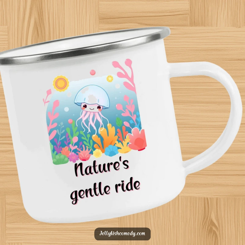 Funny Camping Mug: A happy jellyfish drifts peacefully through colorful underwater plants, ideal for enjoying drinks outdoors with humor.