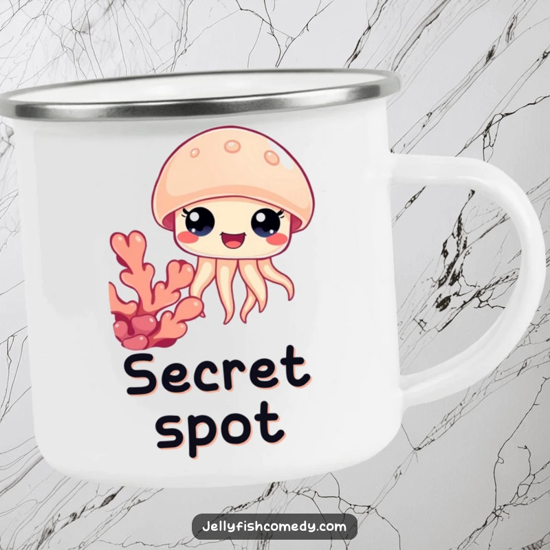 Funny jellyfish coral camping mug, wide happy eyes peeking from behind coral, perfect for outdoor laughs.
