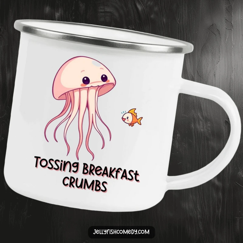 Funny camping mug depicting a jellyfish playfully tossing a fish, perfect for fun outdoor moments.